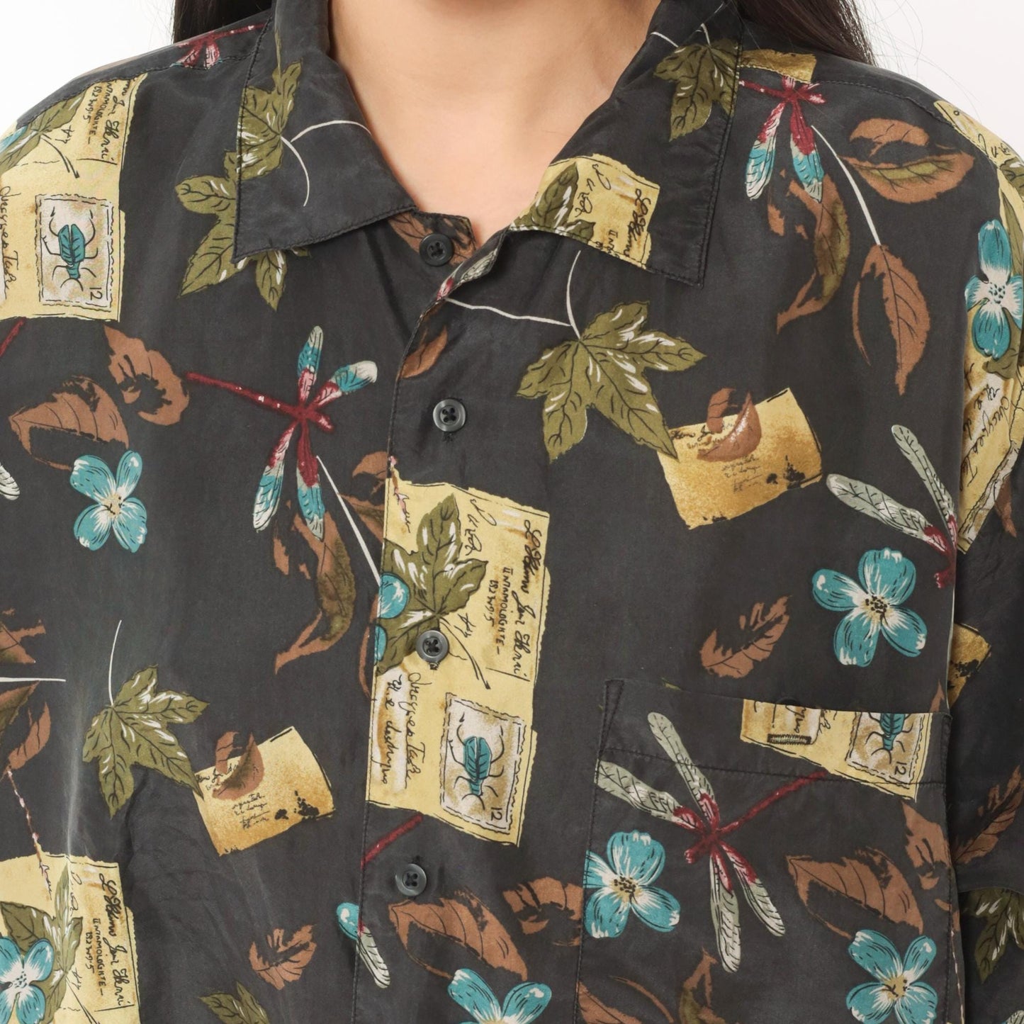 Y2K Firethorn Silk Camp Collar Shirt Dragonfly Botanical Print Teal Medium M