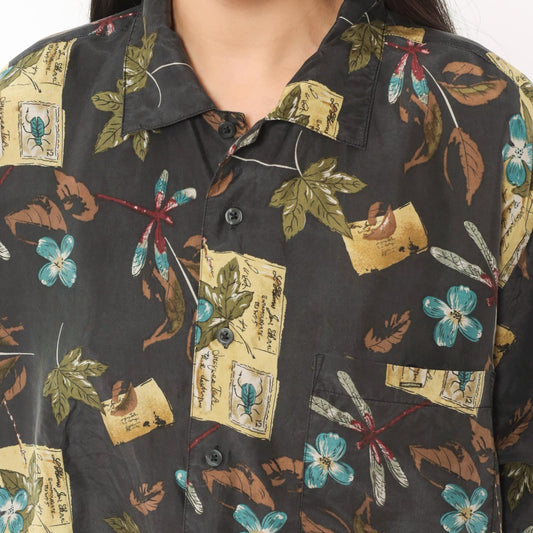 Y2K Firethorn Silk Camp Collar Shirt Dragonfly Botanical Print Teal Medium M
