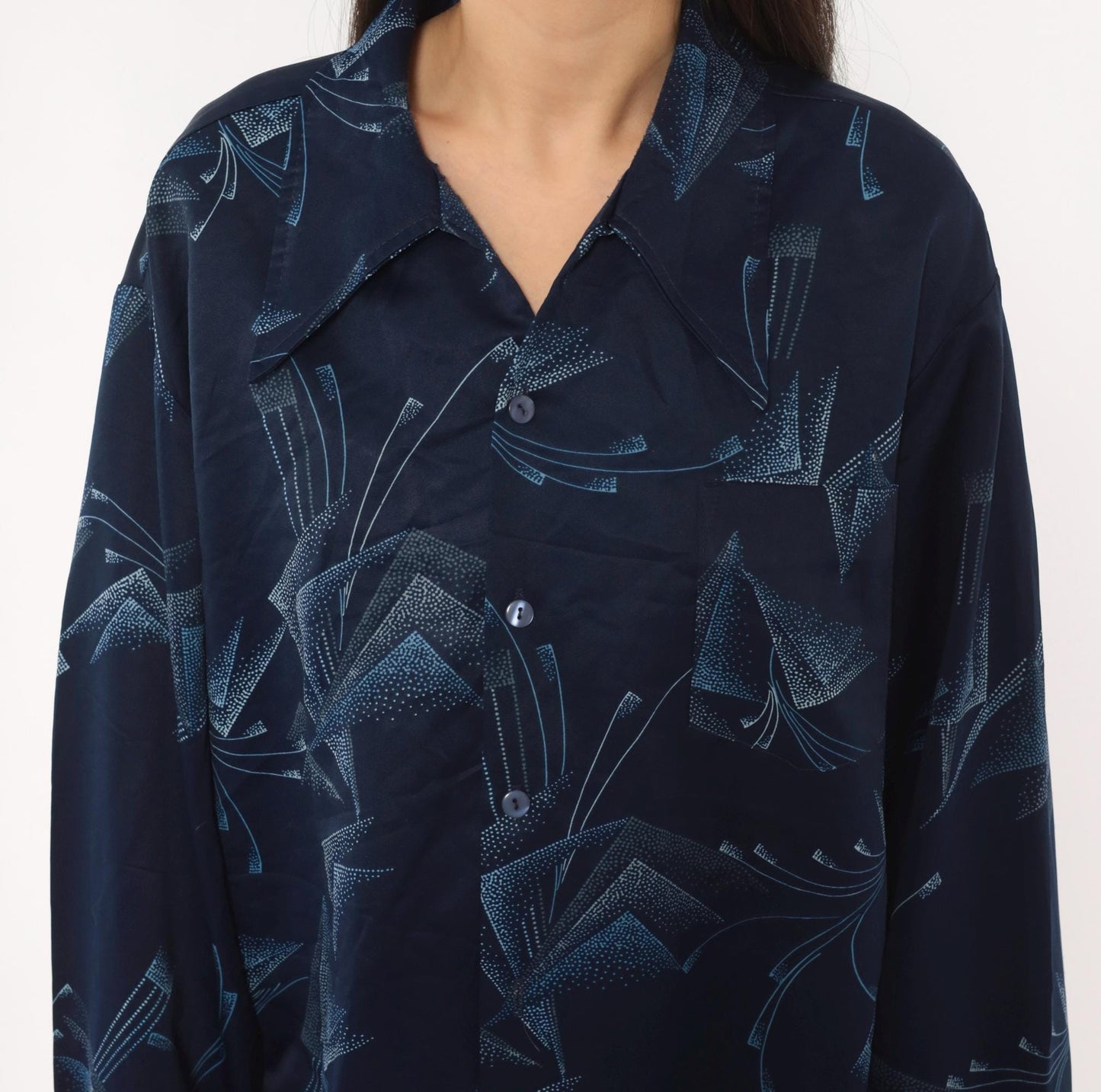 70s Paul Howard Navy Geometric Camp Collar Shirt Abstract Print Large L