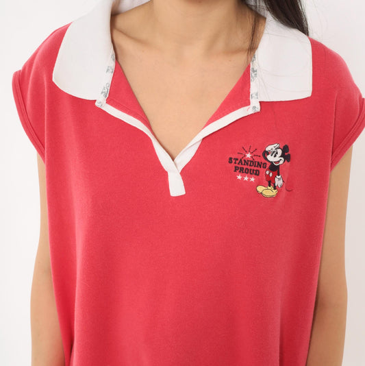 Y2K Mickey Mouse Disney Polo Shirt Embroidered Red Cotton Cap Sleeve Plus Size XXL