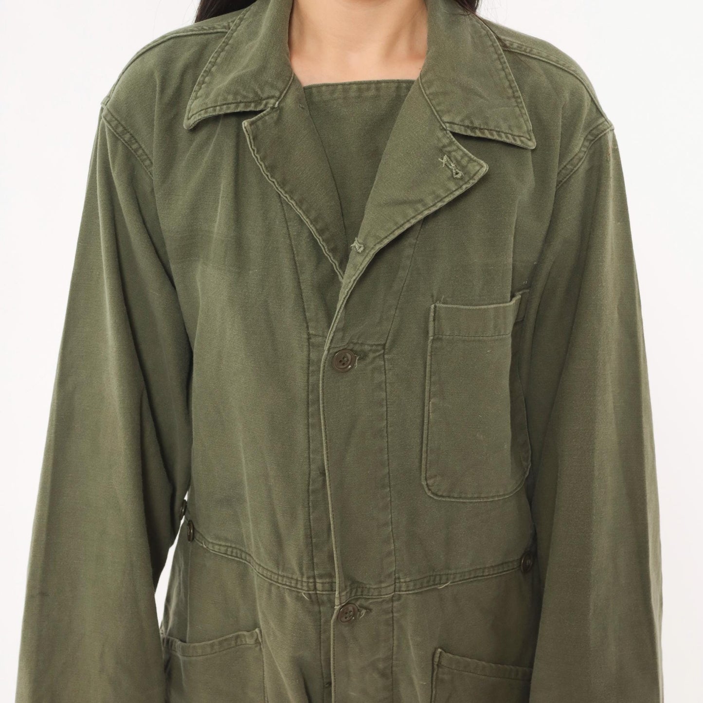 80s Army Olive Cotton Coveralls Button Front Jumpsuit Medium M