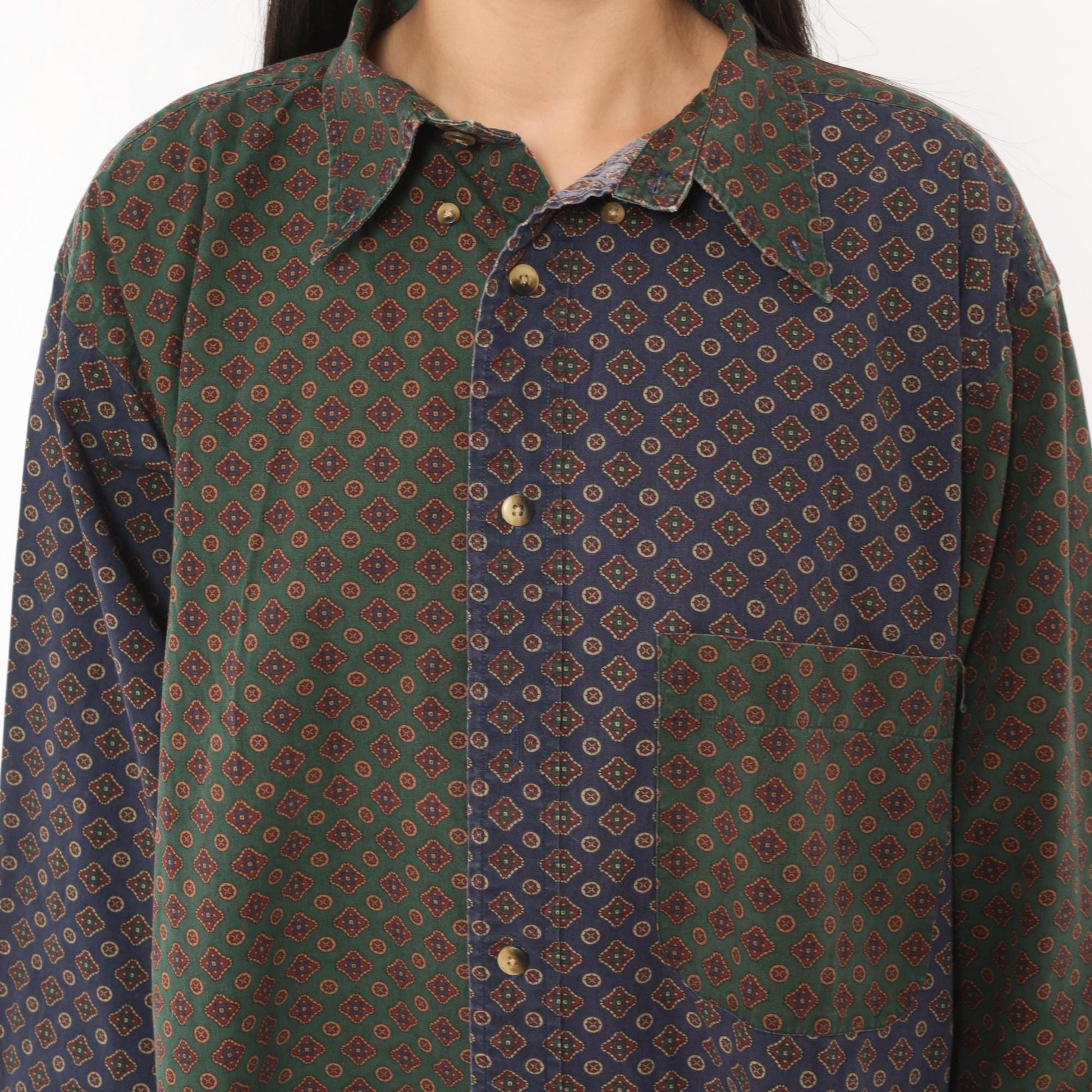 90s Nautica Patchwork Button Shirt Medallion Print Olive Navy Large L