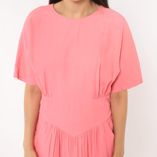 90s Carol Anderson Coral Pink Blouson Dress Smocked Waist Knee Length Large L