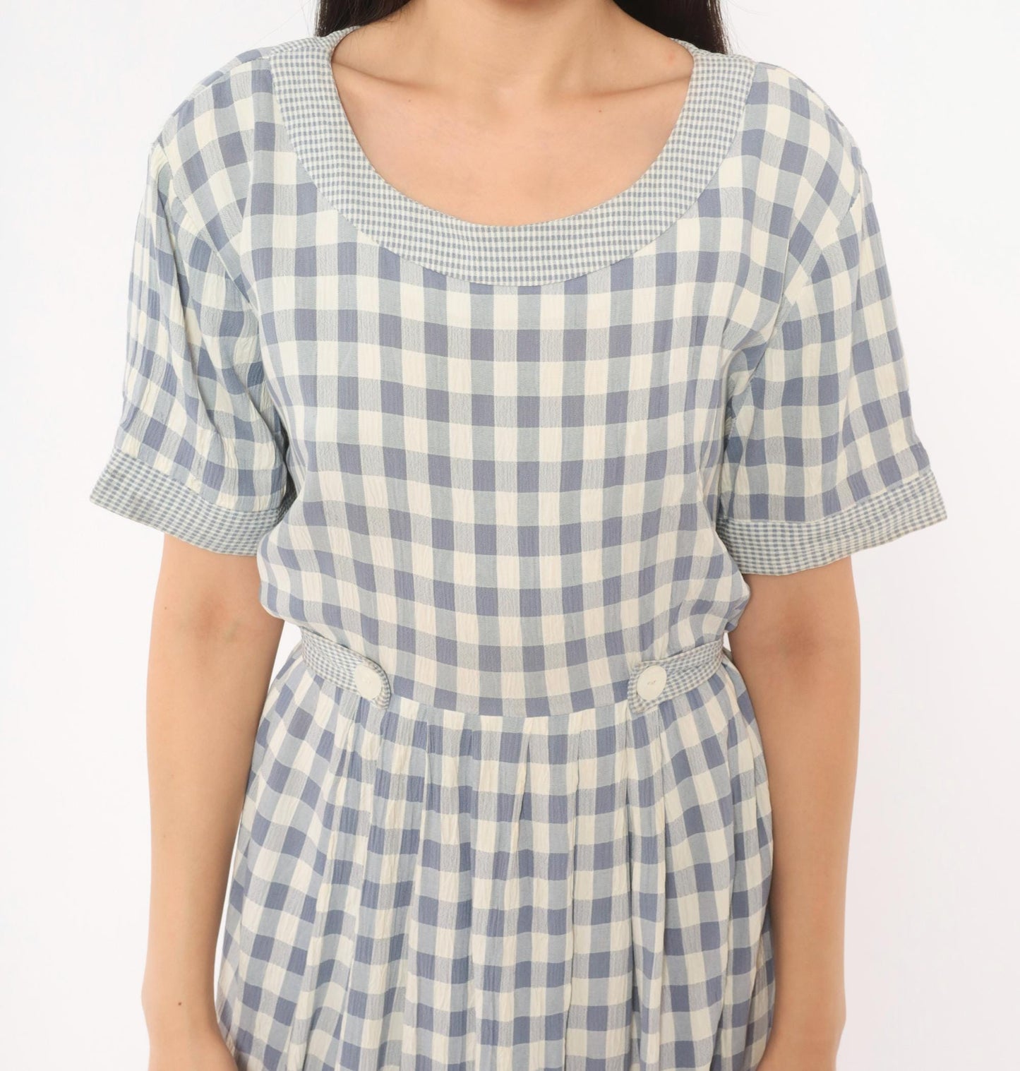 90s SL Fashions Gingham Midi Dress Blue White Check Button Back Medium
