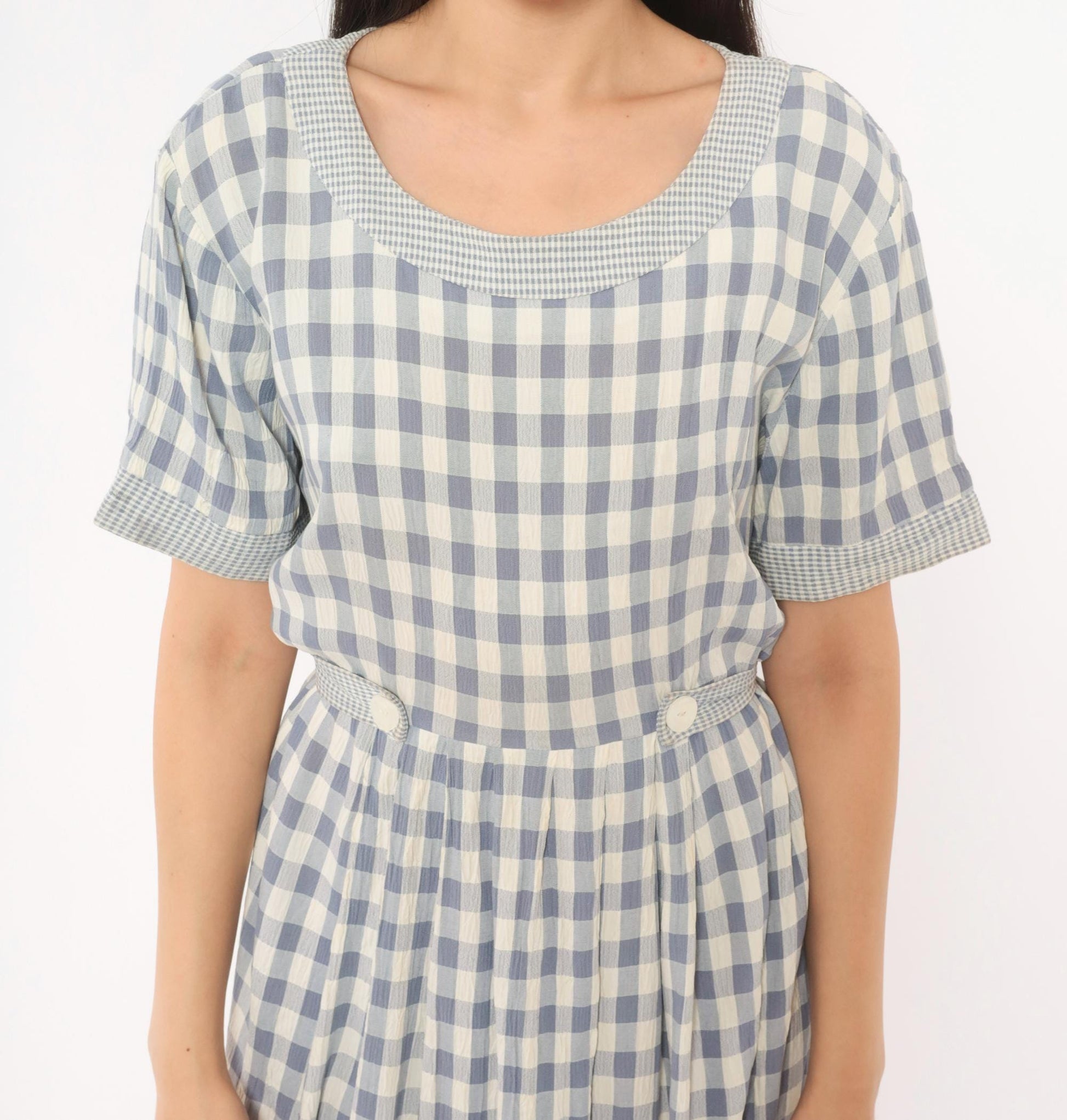 90s SL Fashions Gingham Midi Dress Blue White Check Button Back Medium