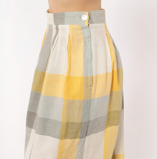 80s Stag & Co Plaid Midi Skirt Yellow Grey Ivory High Waist Pleated Medium