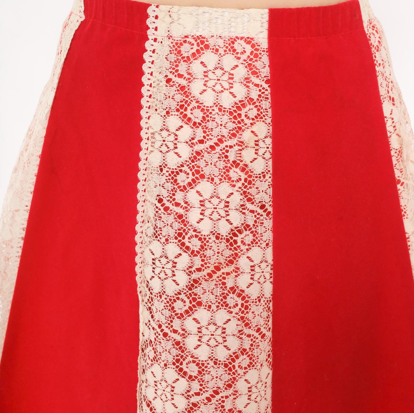 70s Red Velvet Maxi Skirt Cream Lace Panel A-Line Large L