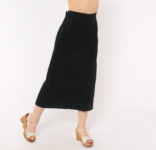 90s Black Suede A-Line Midi Skirt High Waist Paneled Large L