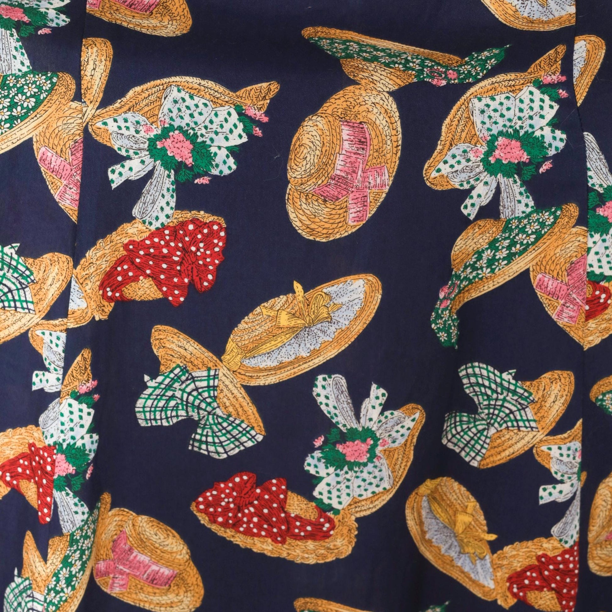 90s Susan Bristol Midi Skirt Straw Hat Print Navy Yellow Green Medium M