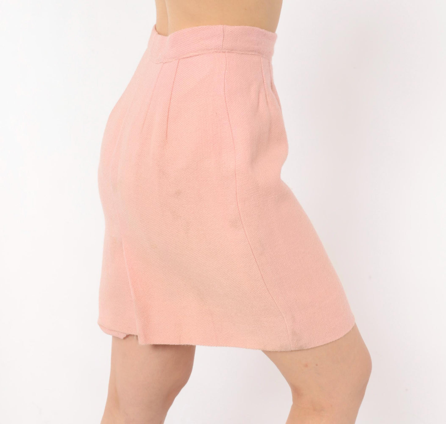 60s Blush Pink Wool Mini Skirt A-Line High Waist Extra Small XS