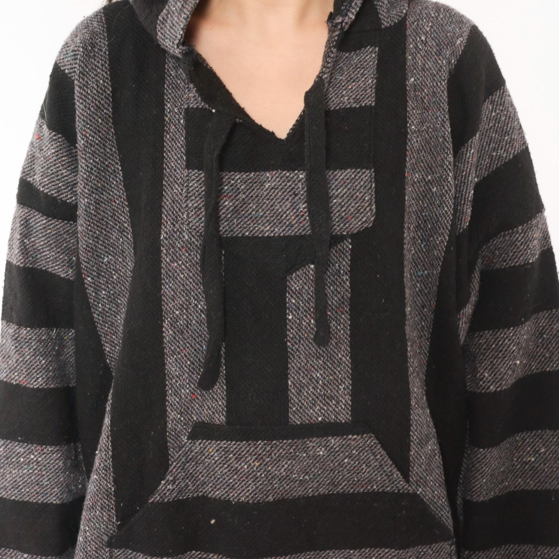 90s Baja Hoodie Black Grey Striped Woven Blanket Pullover Unisex Extra Large