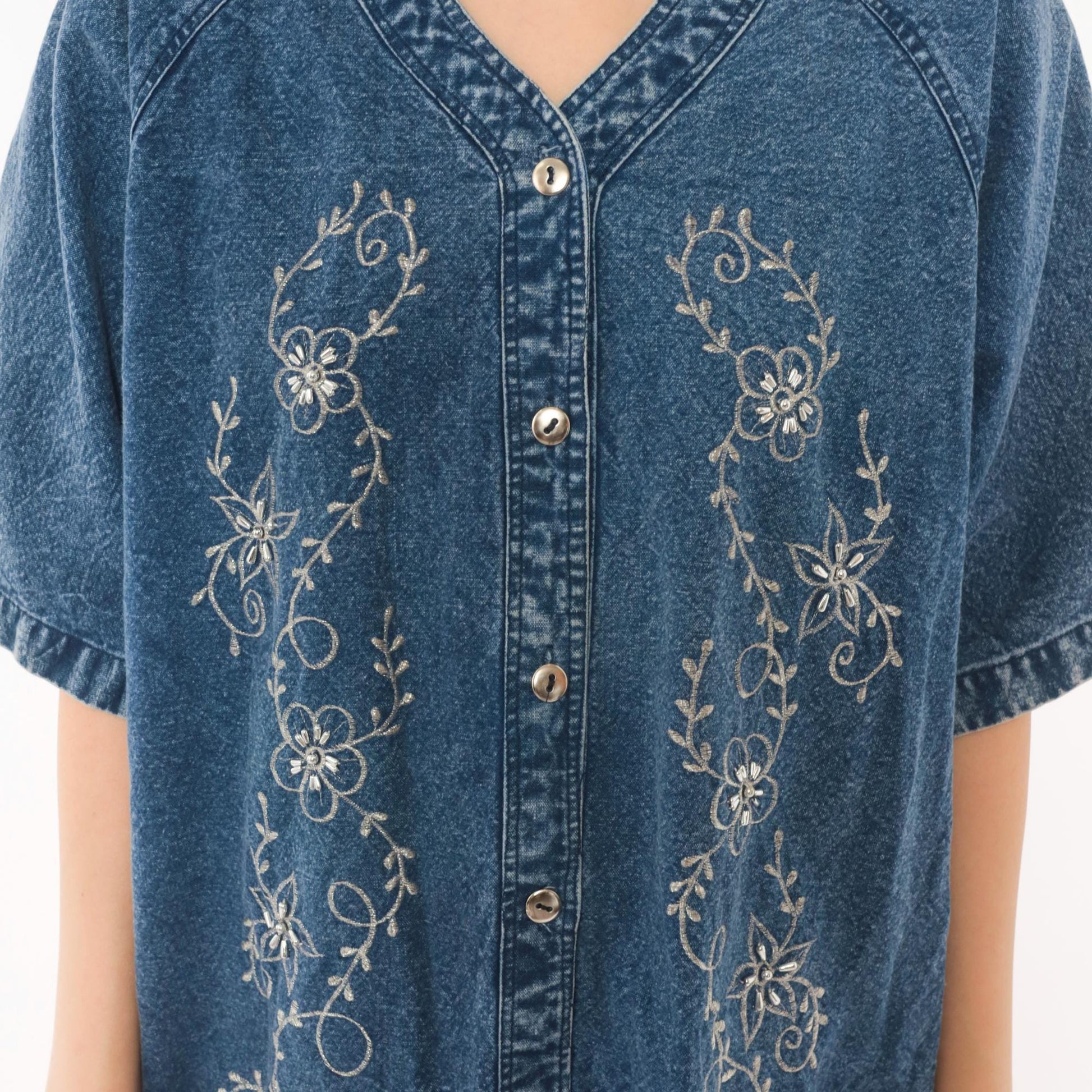 90s Premier International Denim Blouse Floral Vine Embroidery Blue Cotton Medium
