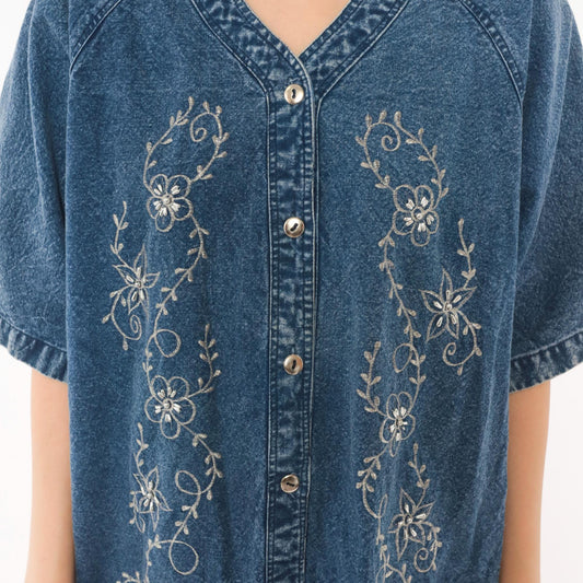 90s Premier International Denim Blouse Floral Vine Embroidery Blue Cotton Medium