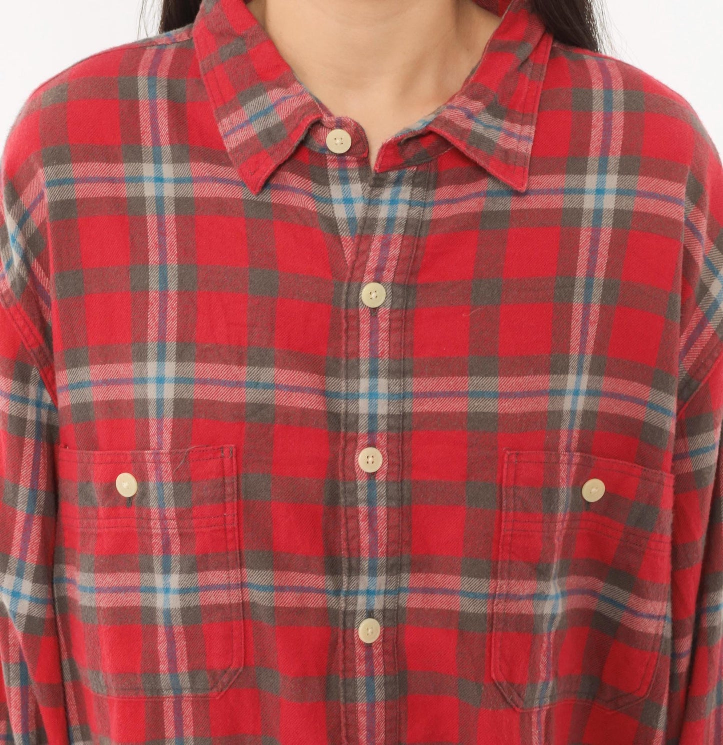 2000s J.Crew Red Plaid Flannel Button-Up Shirt Cotton Grey Blue Check Extra Large XL