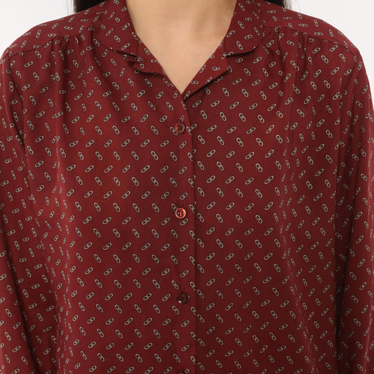 80s Koret Burgundy Chain Link Print Button Blouse Long Sleeve Medium M