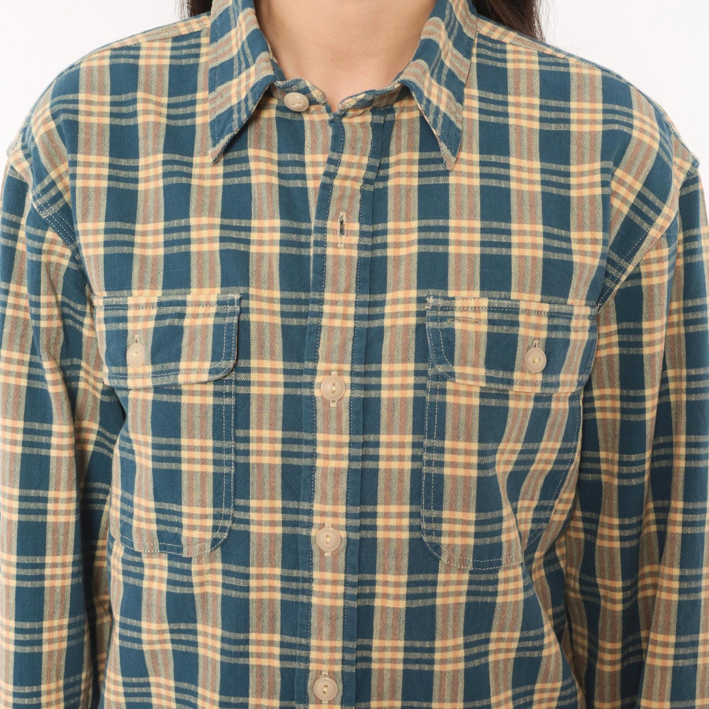 90s Ralph Lauren Plaid Flannel Shirt Teal Cream Cotton Small S