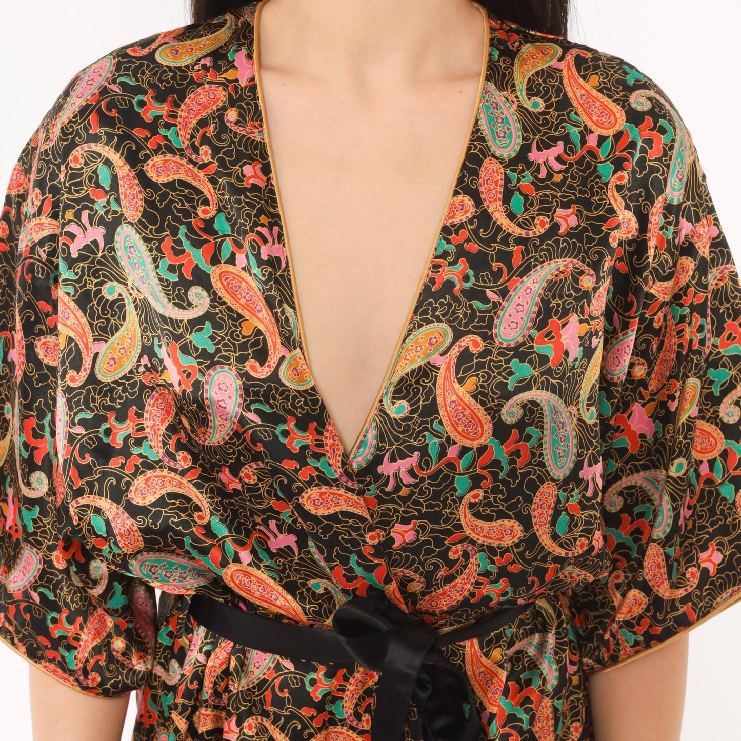 90s Barbizon Paisley Kimono Robe Wrap Front Tie Belt Black Gold Teal Pink Small