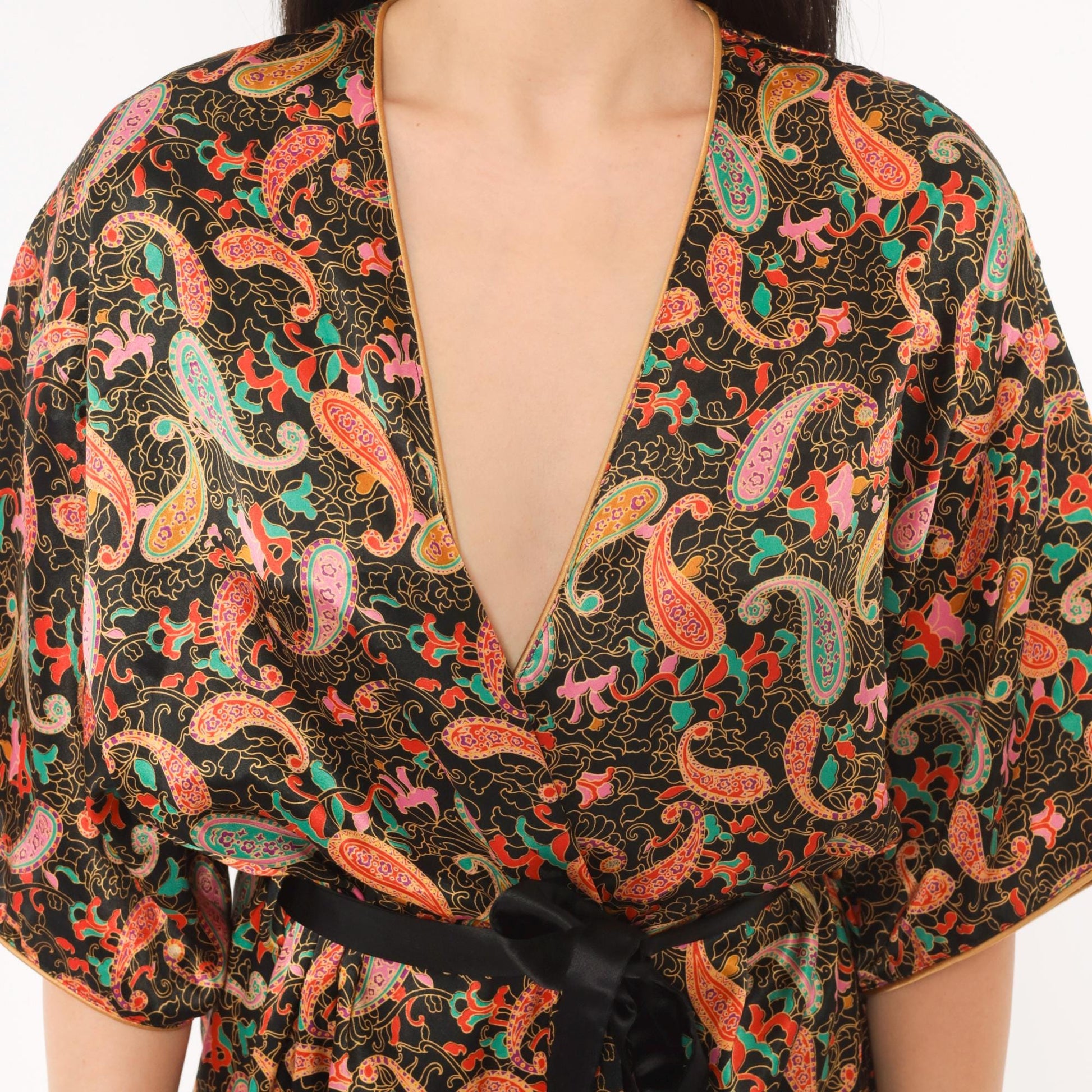 90s Barbizon Paisley Kimono Robe Wrap Front Tie Belt Black Gold Teal Pink Small