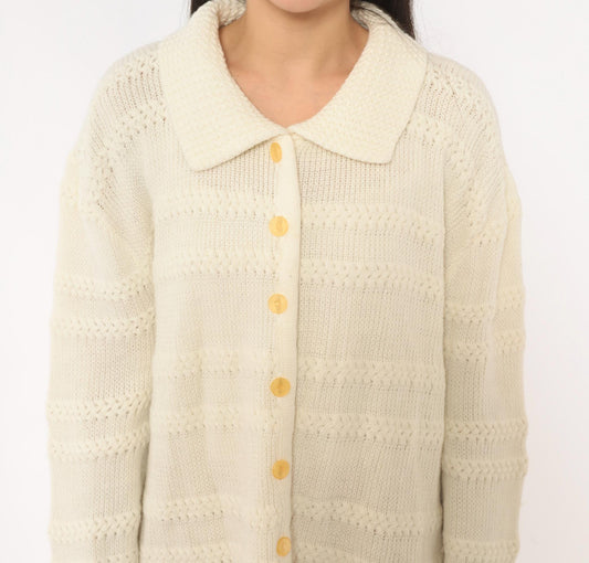 70s Cream Knit Cardigan Button Front Lacework Bands Long Sleeve Extra Large XL