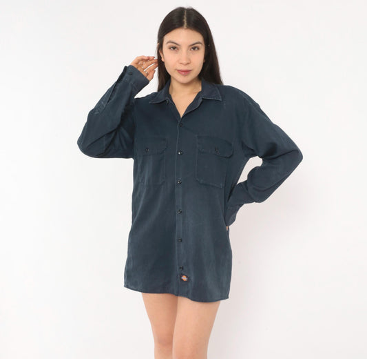 2000s Dickies Navy Work Shirt Button Front Camp Collar Small S