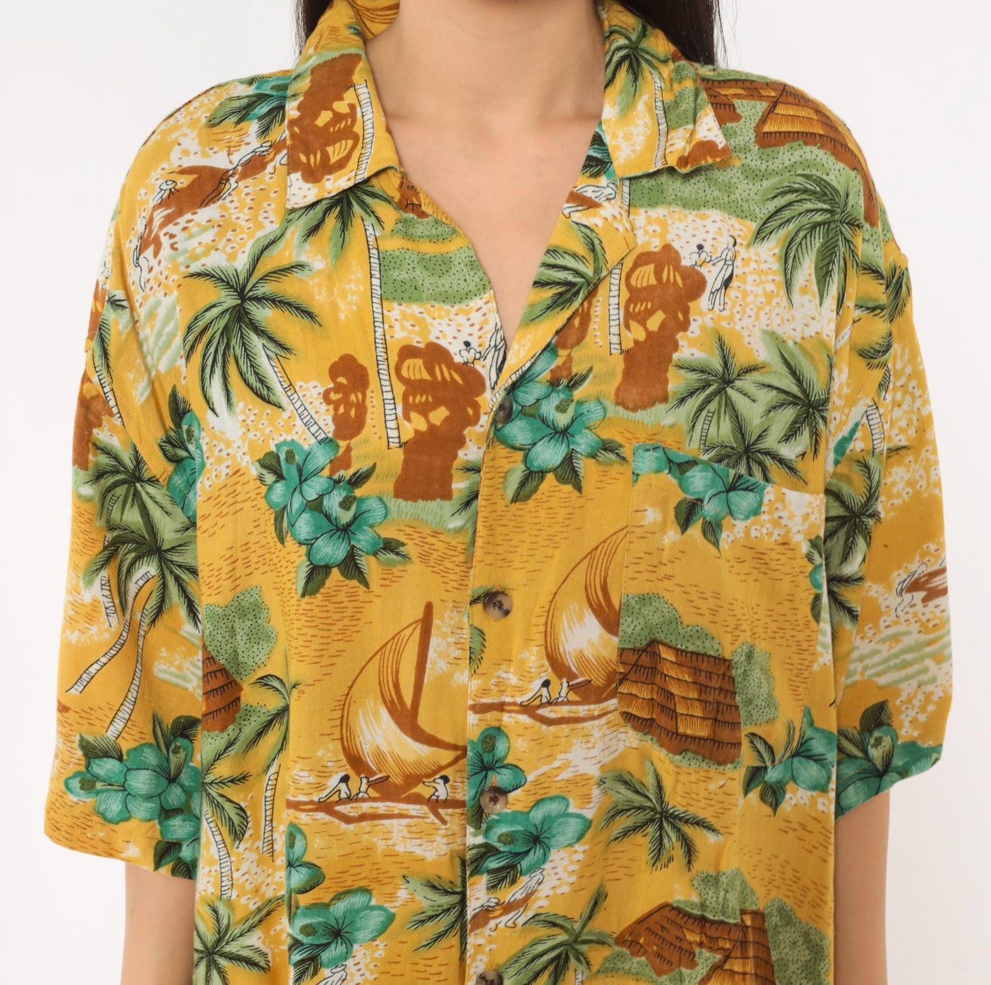 2000s Bullseye Hawaiian Camp Collar Shirt Yellow Tropical Scenic Large L