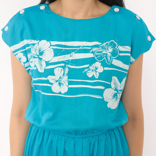 80s Hans Jütte Hawaii Hibiscus Romper Turquoise Floral Cotton Cap Sleeve Medium