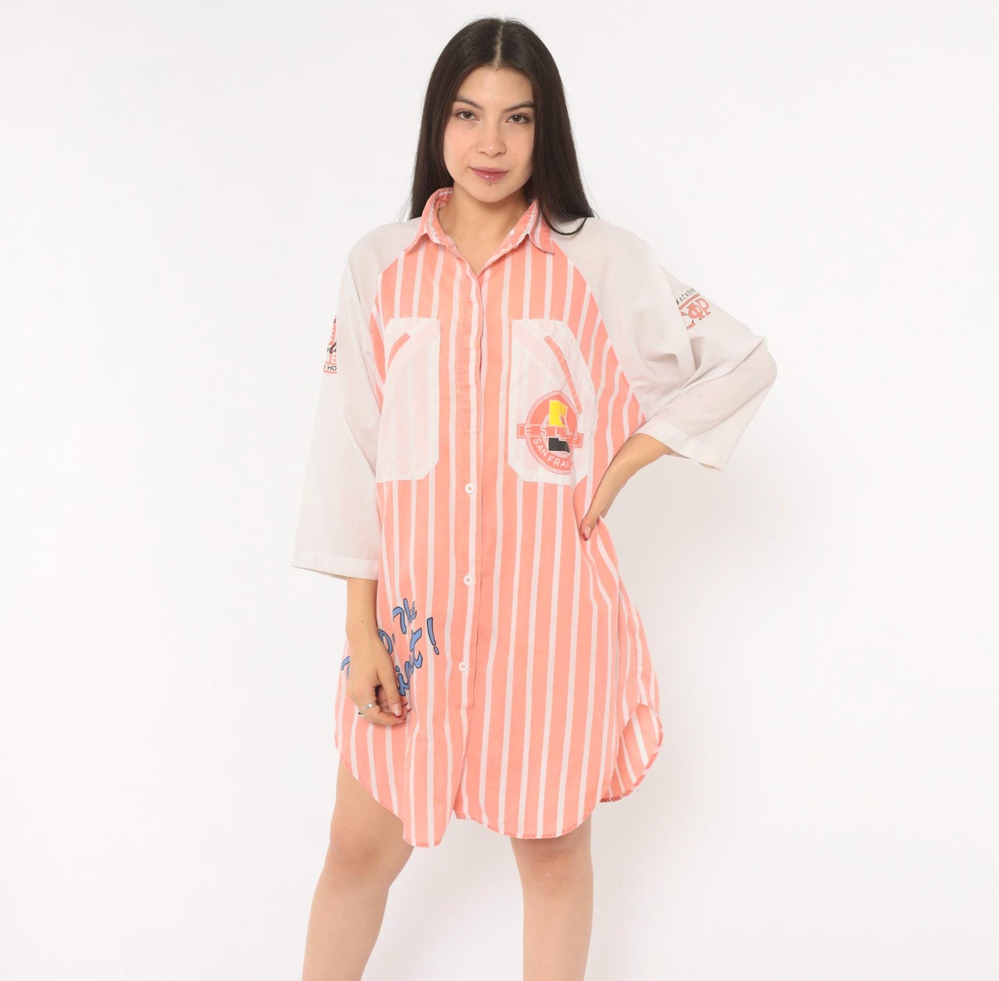 90s Esleep Pink Striped Sleep Shirt Knee-Length Raglan Nightgown Small