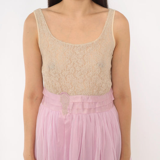 80s Carol Brent Lilac Chiffon Babydoll Dress Lace Bodice Lavender Small