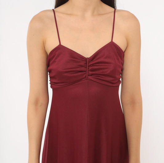 70s Burgundy Maxi Dress Sweetheart Neckline Empire Waist Spaghetti Strap Small