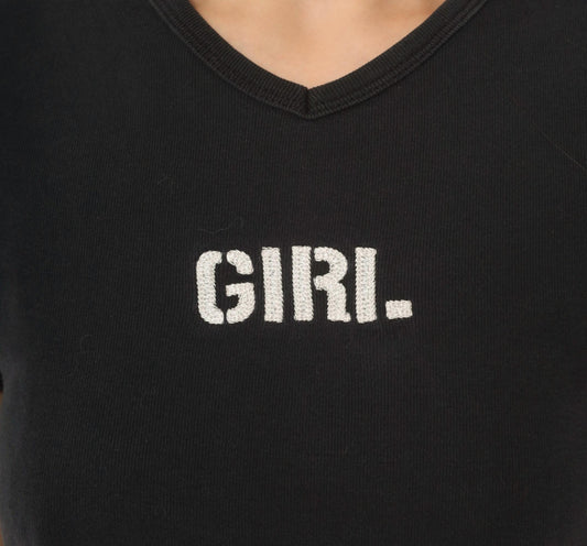 90s Esprit Black Baby Tee V-Neck Embroidered Girl Cotton Crop Top Extra Small