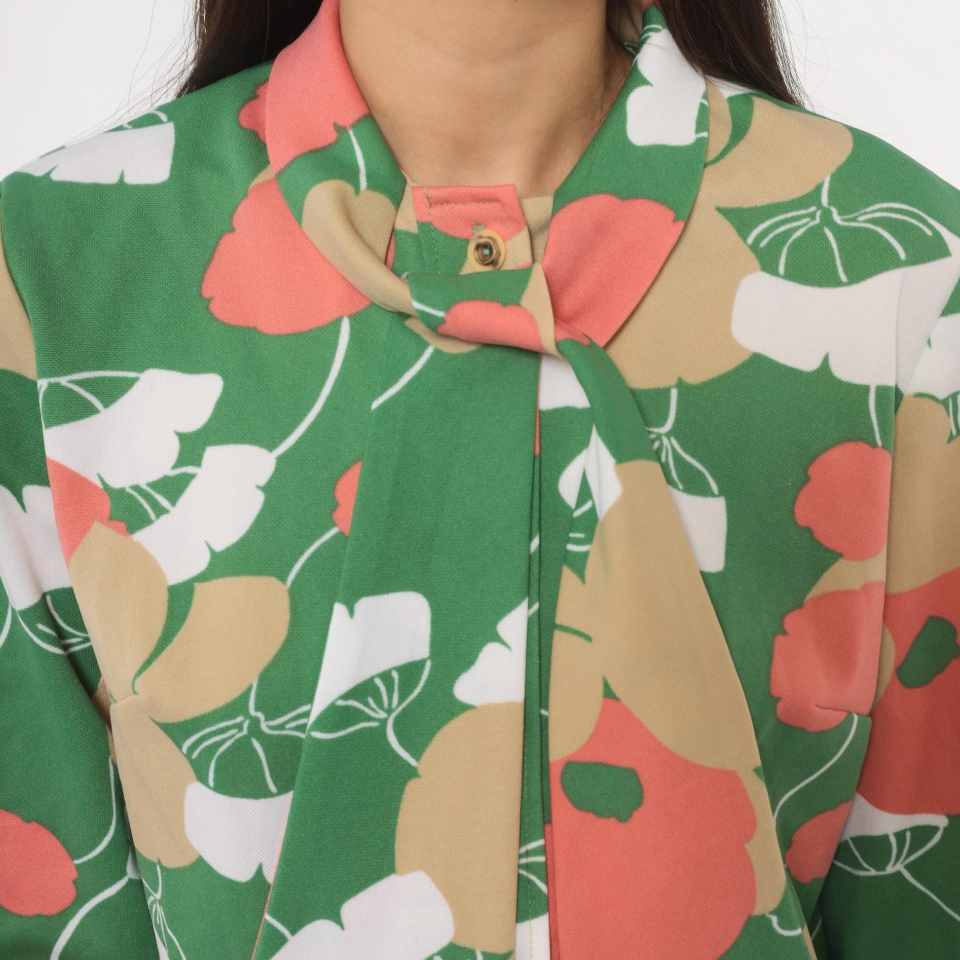70s Lady Carol Floral Blouse Green Poppy Pussy Bow Button Front Medium