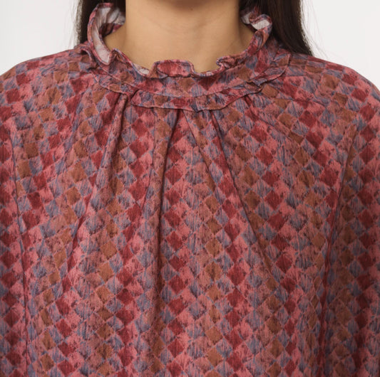 70s La Grande Petite Diamond Harlequin Blouse Ruffle Neck Puff Sleeve Dusty Rose Extra Large