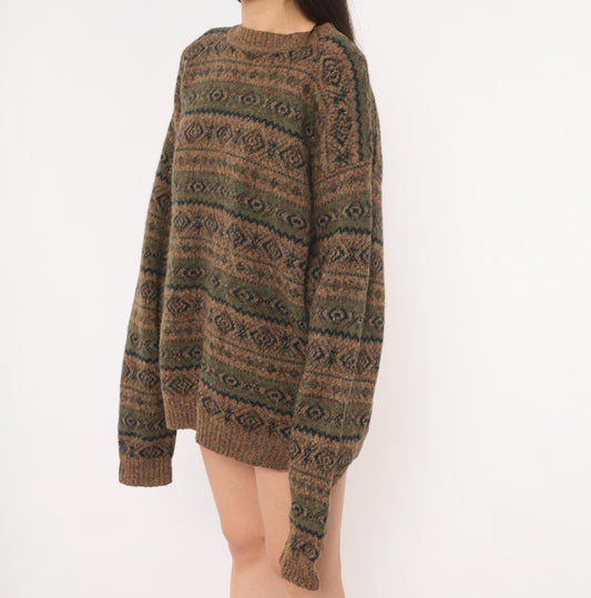90s Eddie Bauer Fair Isle Wool Sweater Brown Olive Geometric Pullover Plus Size XXL