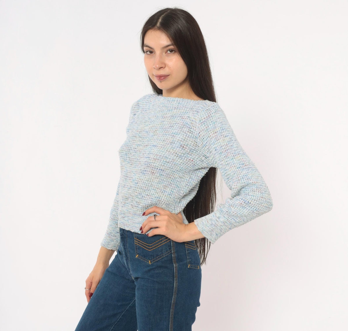 70s Powder Blue Speckled Knit Sweater Boat Neck Cropped Small