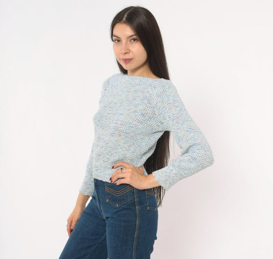 70s Powder Blue Speckled Knit Sweater Boat Neck Cropped Small