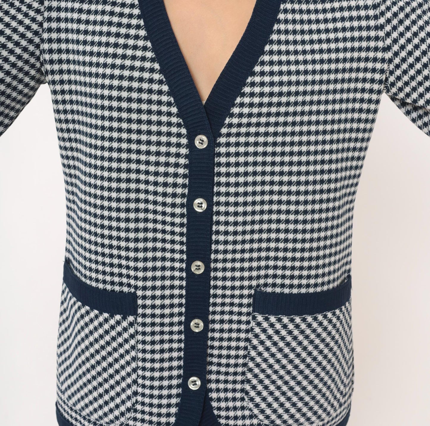 70s Jack Winter Houndstooth Cardigan Navy White Check Knit Medium M