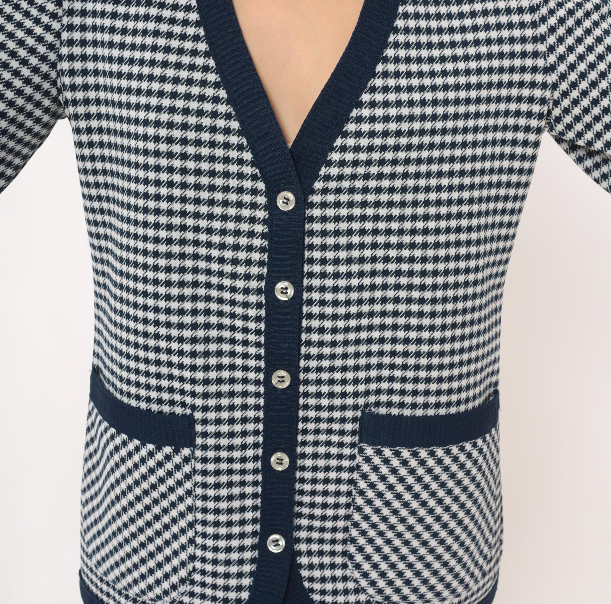70s Jack Winter Houndstooth Cardigan Navy White Check Knit Medium M