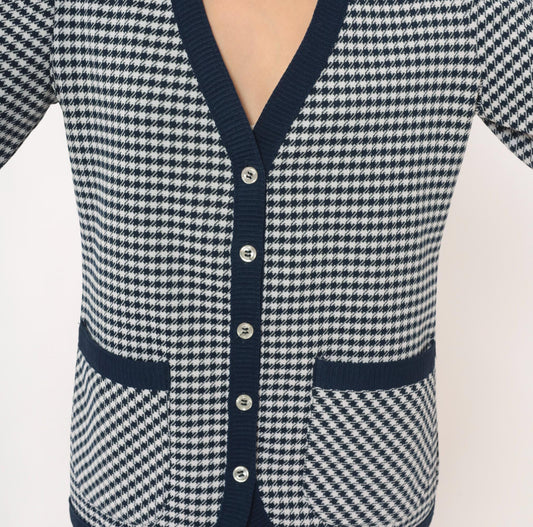 70s Jack Winter Houndstooth Cardigan Navy White Check Knit Medium M
