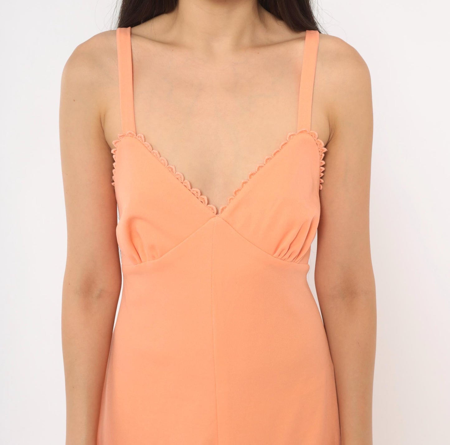 70s Peach Maxi Dress V-Neck Empire Waist Scalloped Lace Spaghetti Strap Medium M