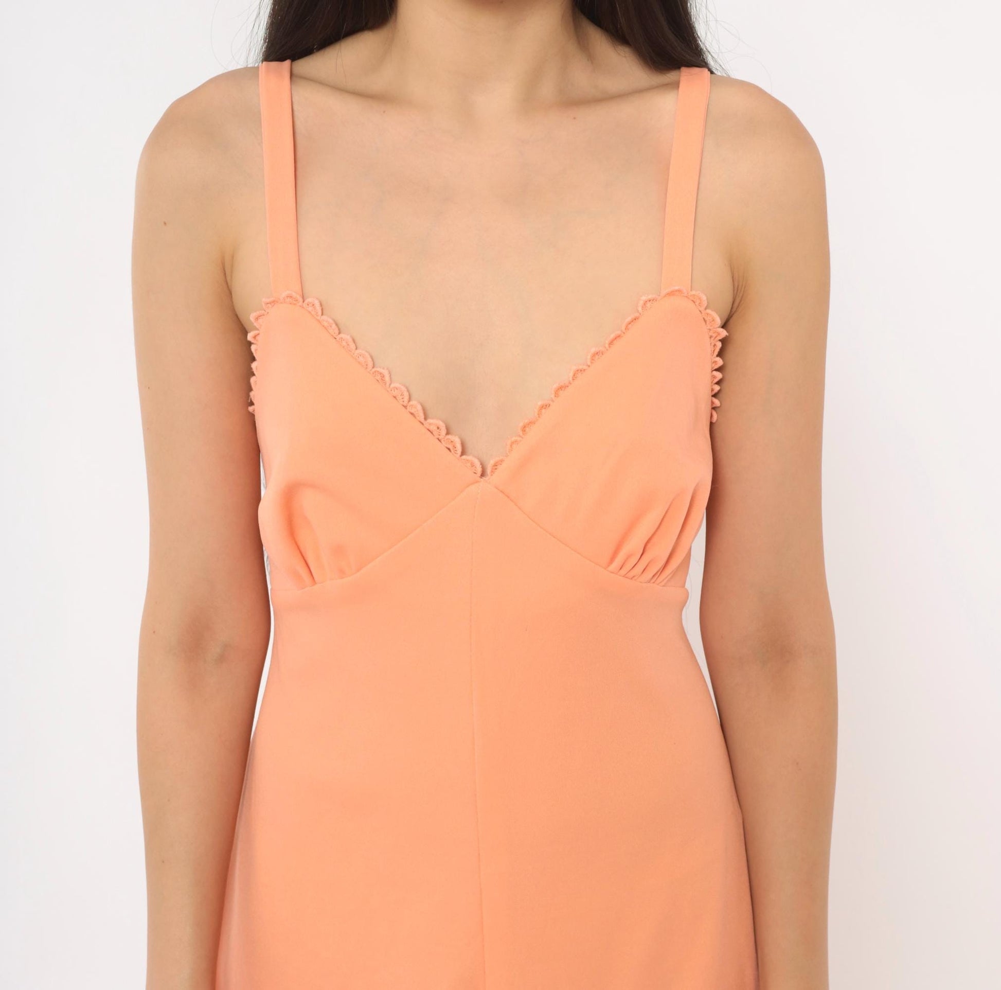 70s Peach Maxi Dress V-Neck Empire Waist Scalloped Lace Spaghetti Strap Medium M