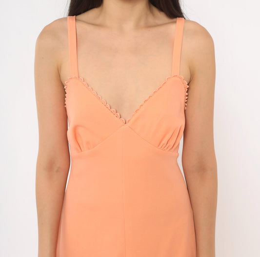 70s Peach Maxi Dress V-Neck Empire Waist Scalloped Lace Spaghetti Strap Medium M