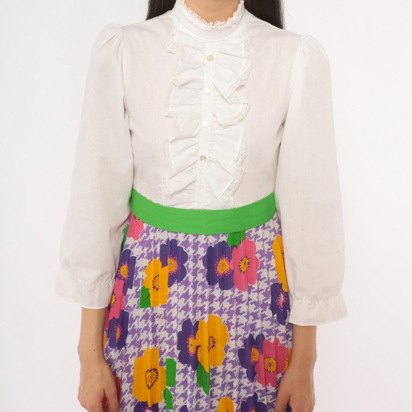 70s Growing Girl Floral Midi Dress Puff Sleeve High Neck White Purple Pink Extra Small XS