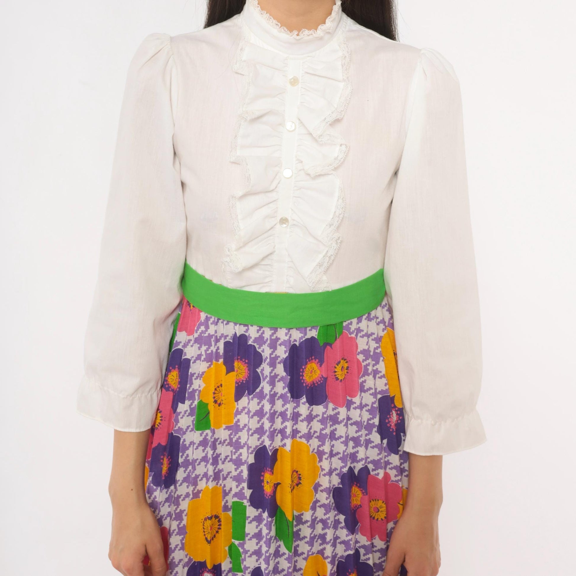 70s Growing Girl Floral Midi Dress Puff Sleeve High Neck White Purple Pink Extra Small XS
