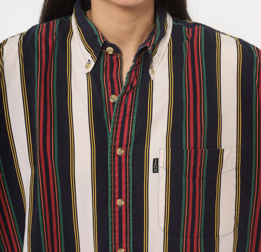 90s Izod Striped Button Down Shirt Navy Burgundy Green Gold Large L