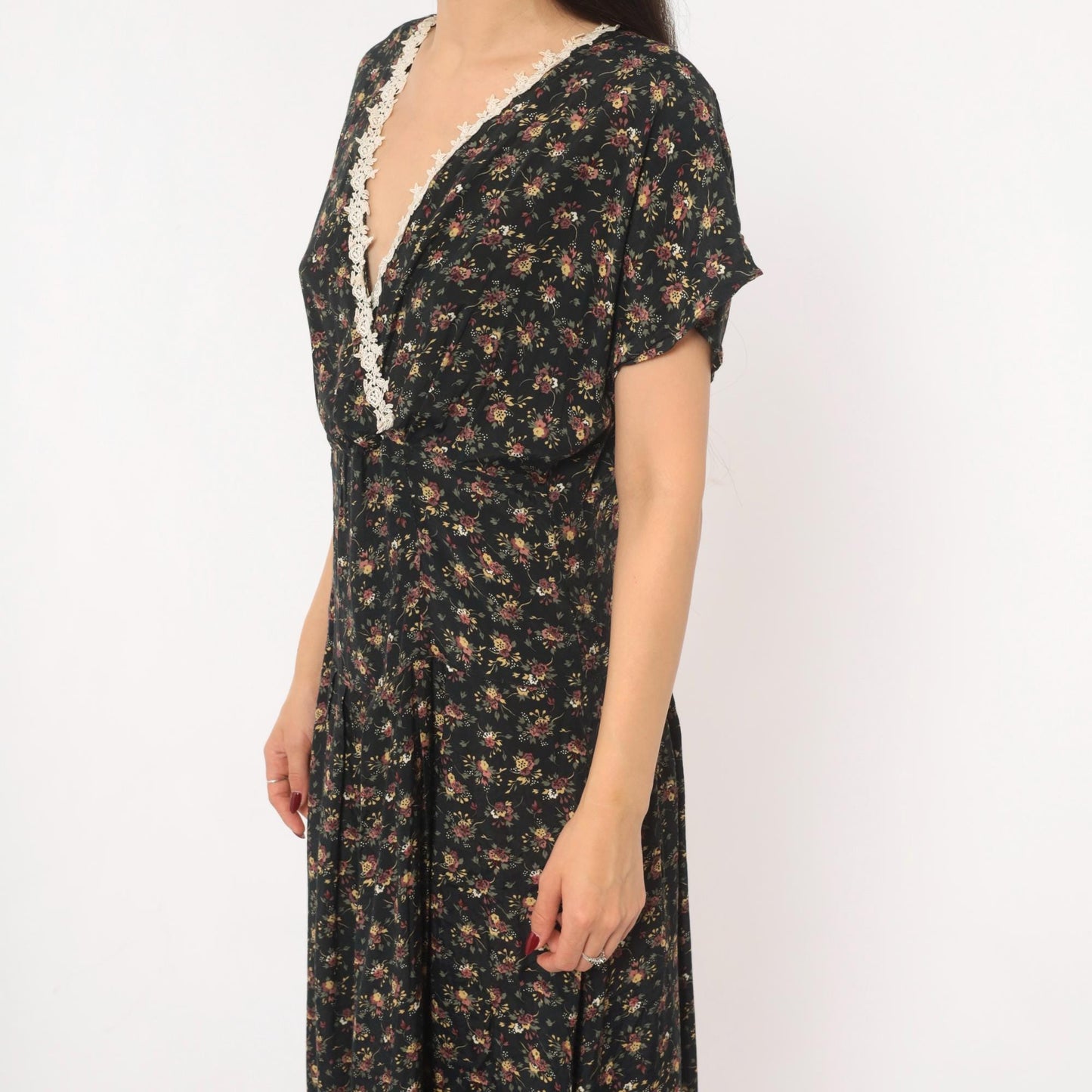 90s Ariana Black Floral Maxi Dress V-Neck Wrap Lace Trim Flutter Sleeve Large L
