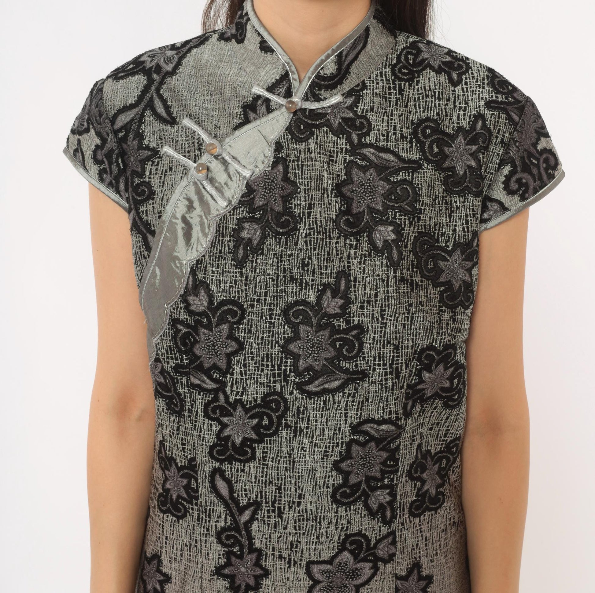 90s Grey Cheongsam Dress Black Floral Embroidered Qipao Mandarin Collar Medium M