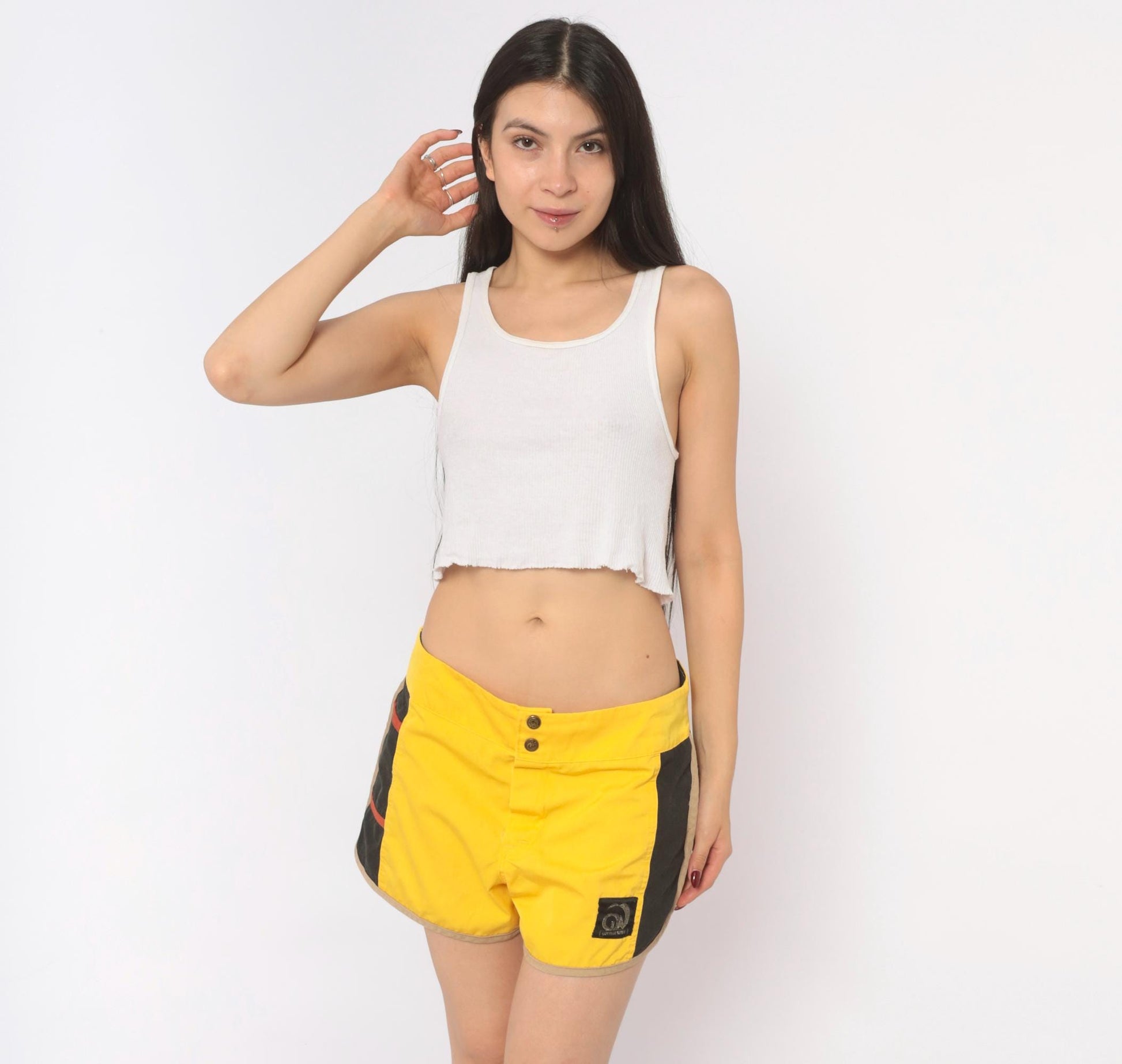 70s Golden Wave Board Shorts Yellow Black Colour Block Cotton Large L