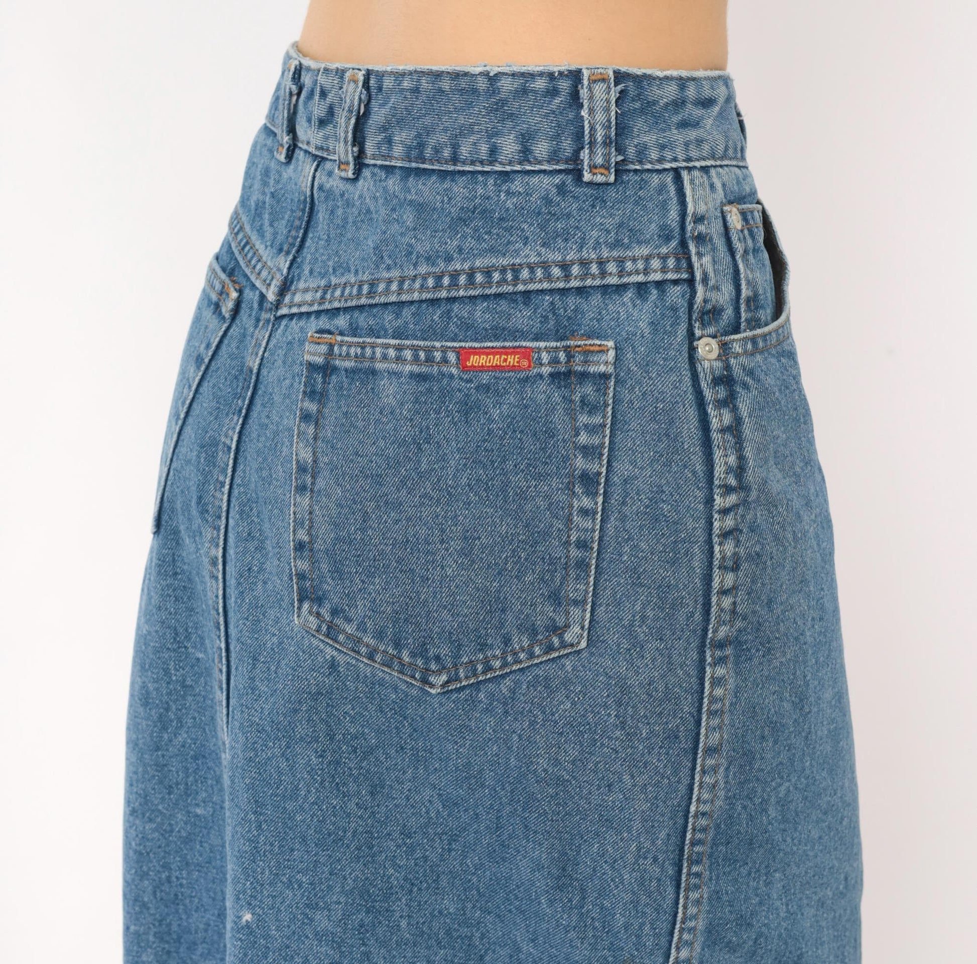 90s Jordache Denim Midi Skirt Medium Wash High Waist Straight Pencil Back Slit Small