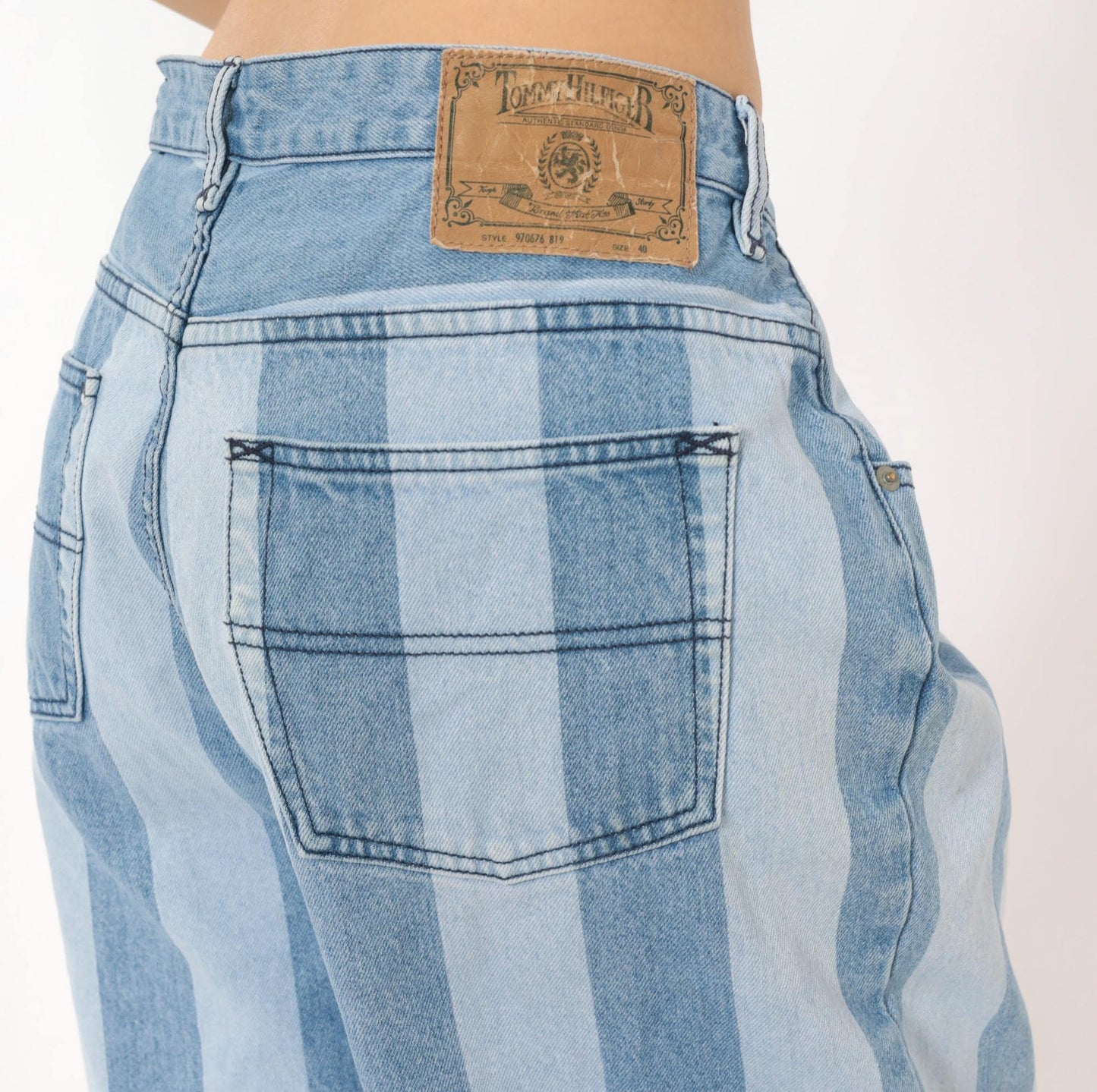 00s Tommy Hilfiger Striped Denim Bermuda Shorts Light Blue High Rise Large L