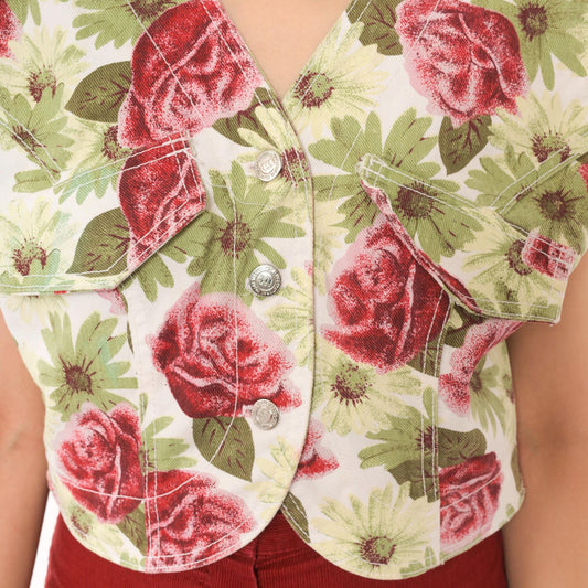 90s International Image Trends Floral Denim Vest Cropped Cap Sleeve Medium